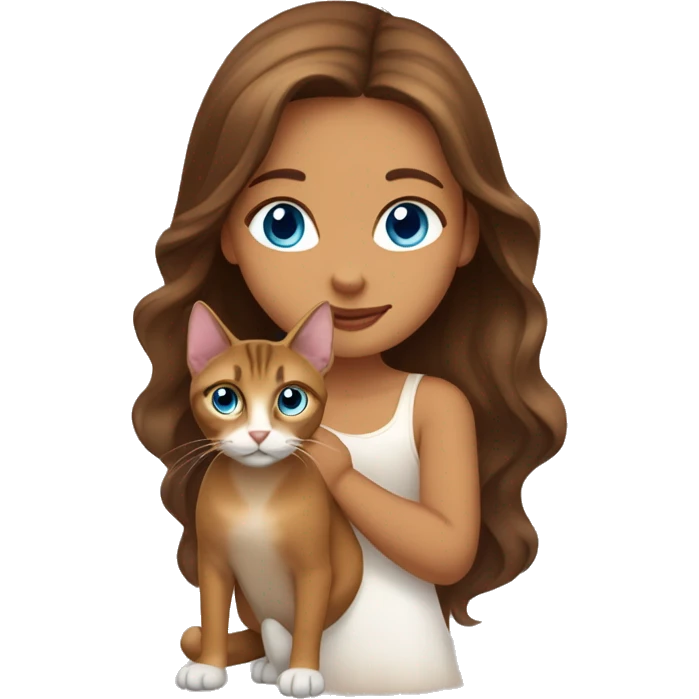 girl with long wavy brown hair, big blue eyes and Abyssinian cat next to her emoji