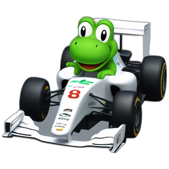 Green Yoshi in a Mercedes F1 racing car emoji