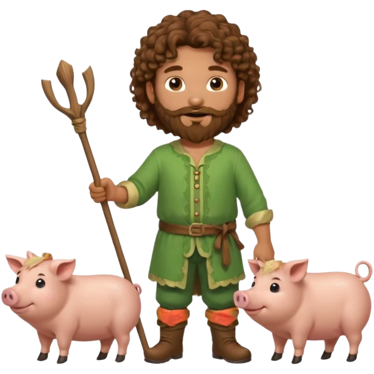 happy young shepard with long curly brown beard and long curly brown hair, in green magical outfit, with wooden shepard stick in hands, taking care of pigs emoji