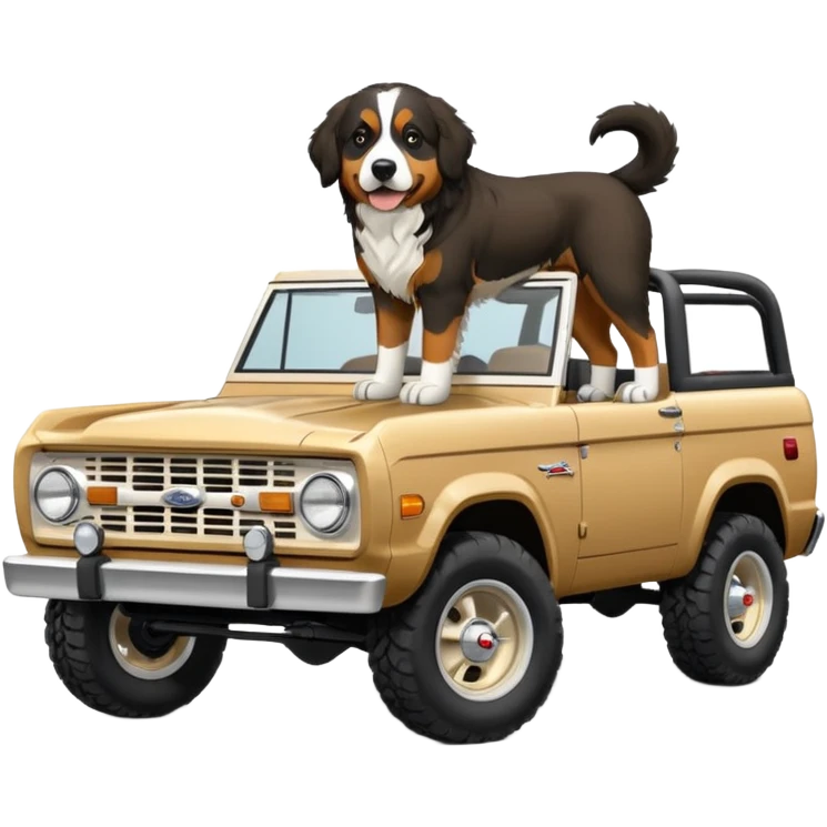 Sand colored ford bronco with no roof and Bernese mountain dog in the back emoji