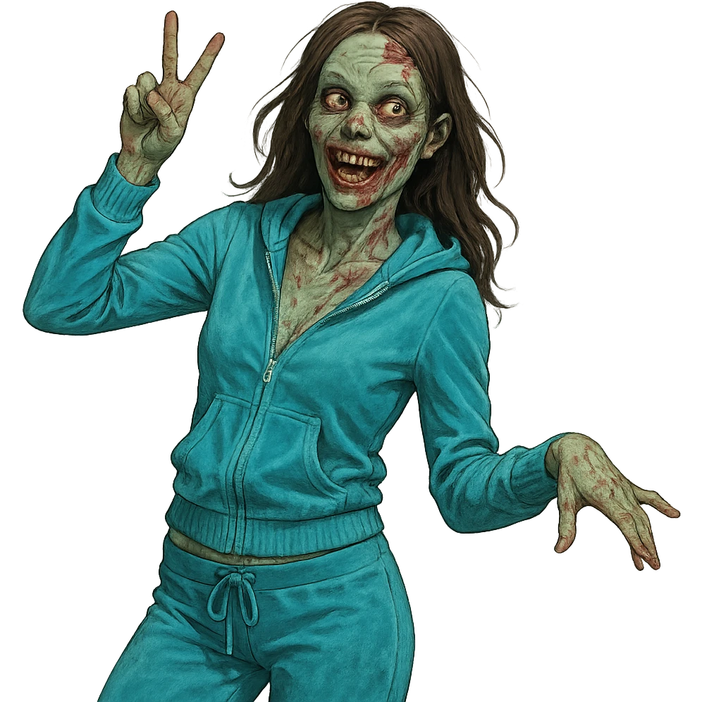 zombie lady in velour tracksuit, 2000s fashion, playful emoji