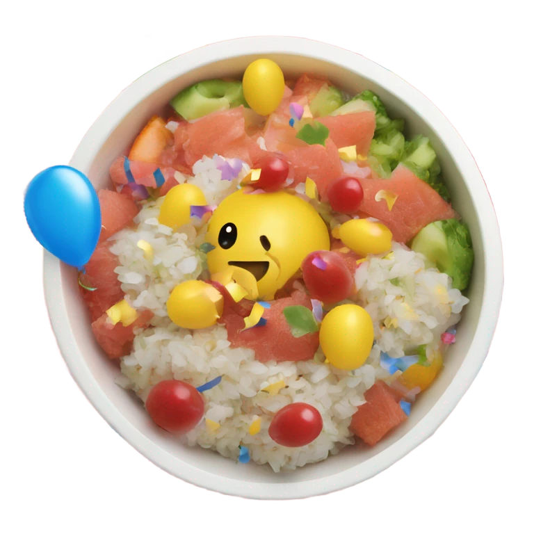 Poke bowl with balloons and confetti emoji