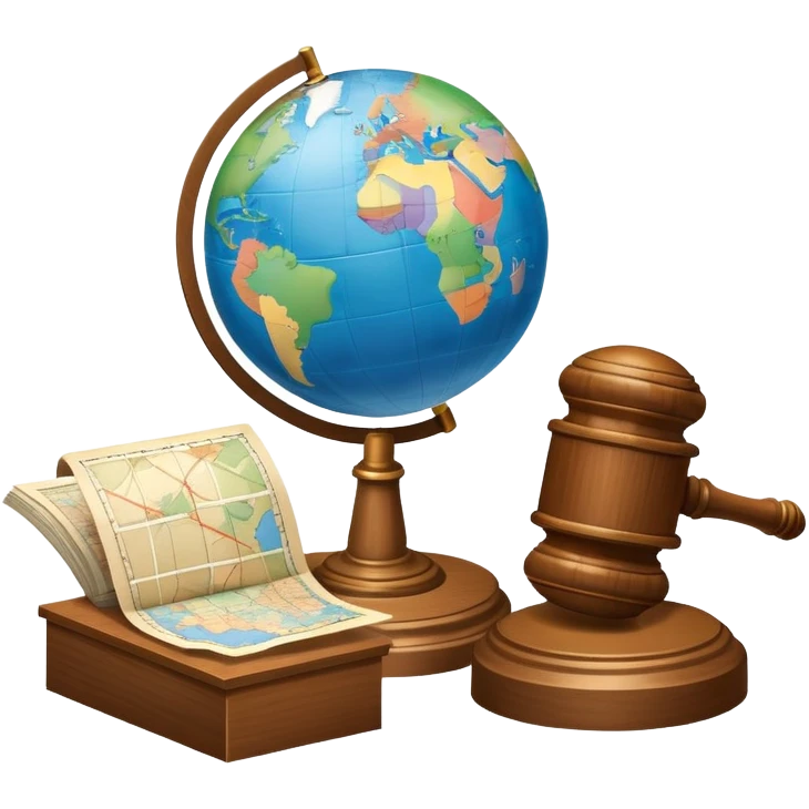 An icon featuring a globe with a gavel and a political map, symbolizing political science. The design includes a ballot box and a podium, representing democracy and governance. Transparent background highlights the study of political systems and global relations. emoji