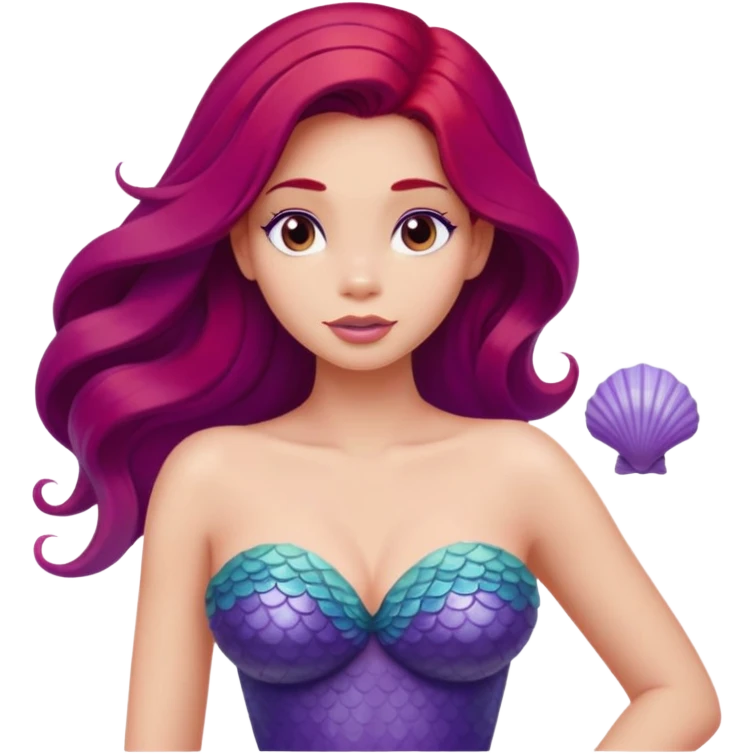 Ariel mermaid from waist up, purple seashell top, long red hair, minimal style but clearly recognizable emoji