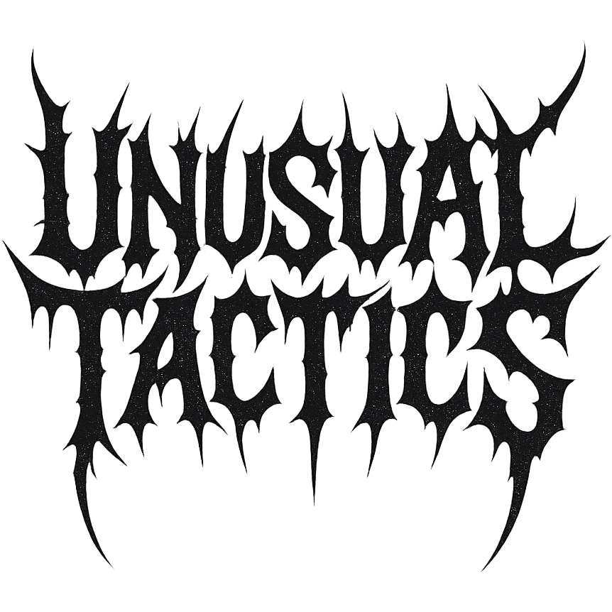 a logo, resembling that of metal band logo, for the text: "unusual tactics", drip font, symmetrical lettering, lettering only emoji