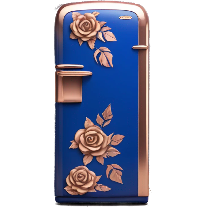 Realistic cobalt blue and rose gold retro vintage fridge with rose gold flower pattern on it. emoji