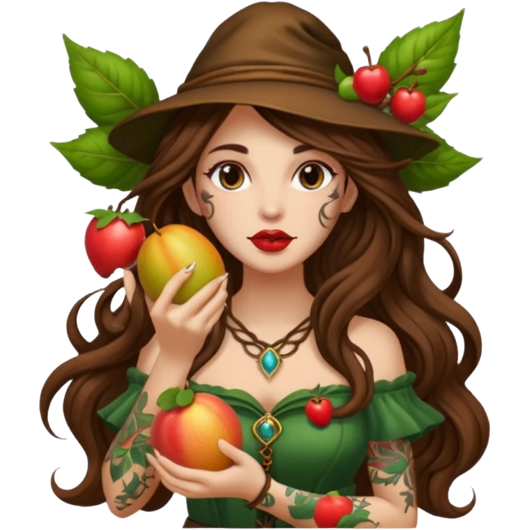 forest mage woman long wavy brown hair tattoos holding fruit near lips emoji