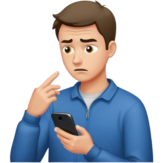man with anxious attachment style frantically checking his phone with worried eyes and nervous expression, sweat drops on forehead, staring intensely at phone screen waiting for message reply, finger hovering over screen ready to respond immediately, notification symbols visible emoji