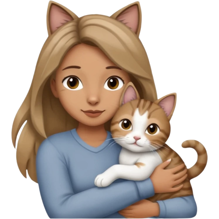 Une femme avec les cheveux dégradée, brun et blond, qui fait un câlin à son chat gris, tigré avec les extrémités que pattes pointe d’oreilles noires et le dessous du menton blanc emoji