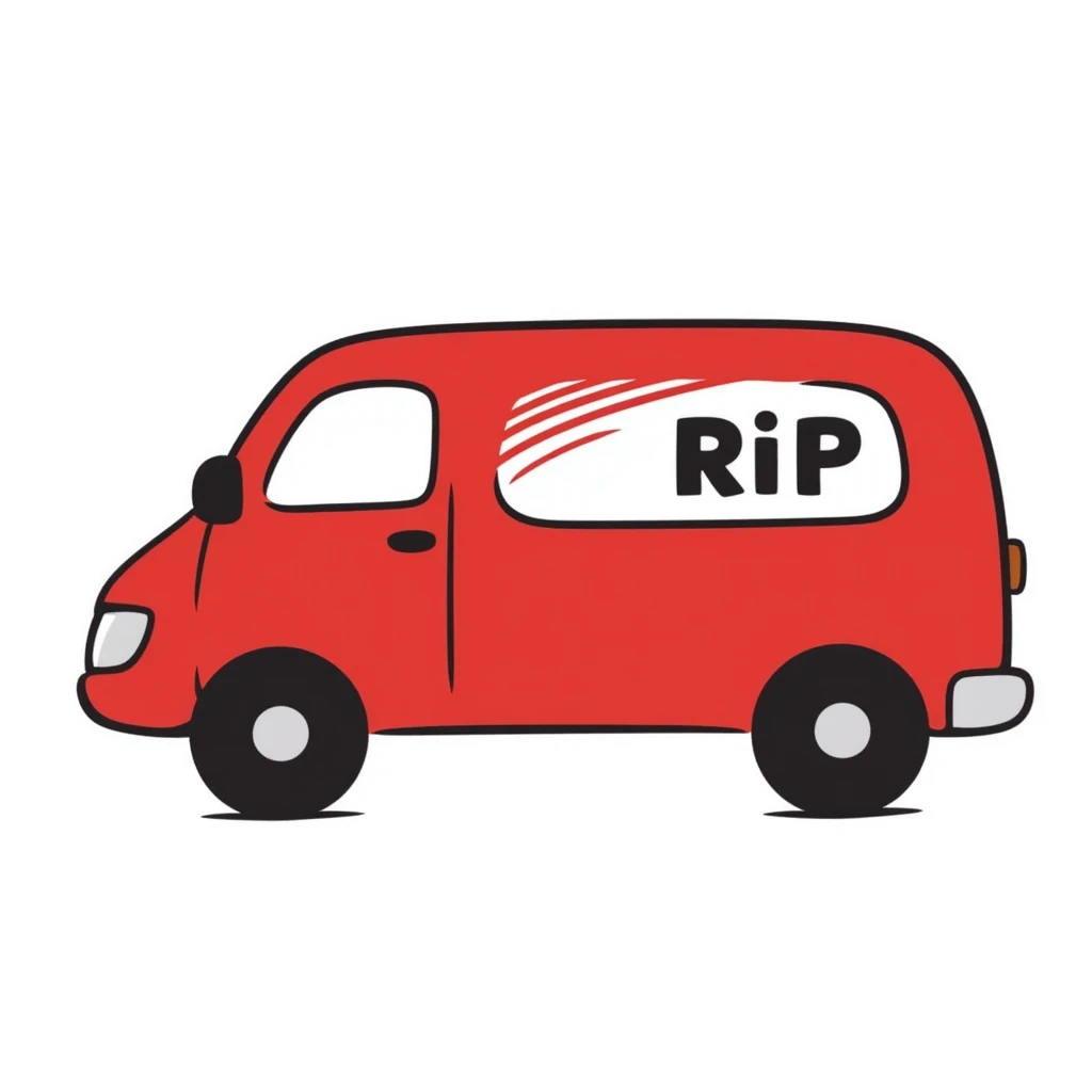 big red van with clear and bold 'RiP' logo emoji