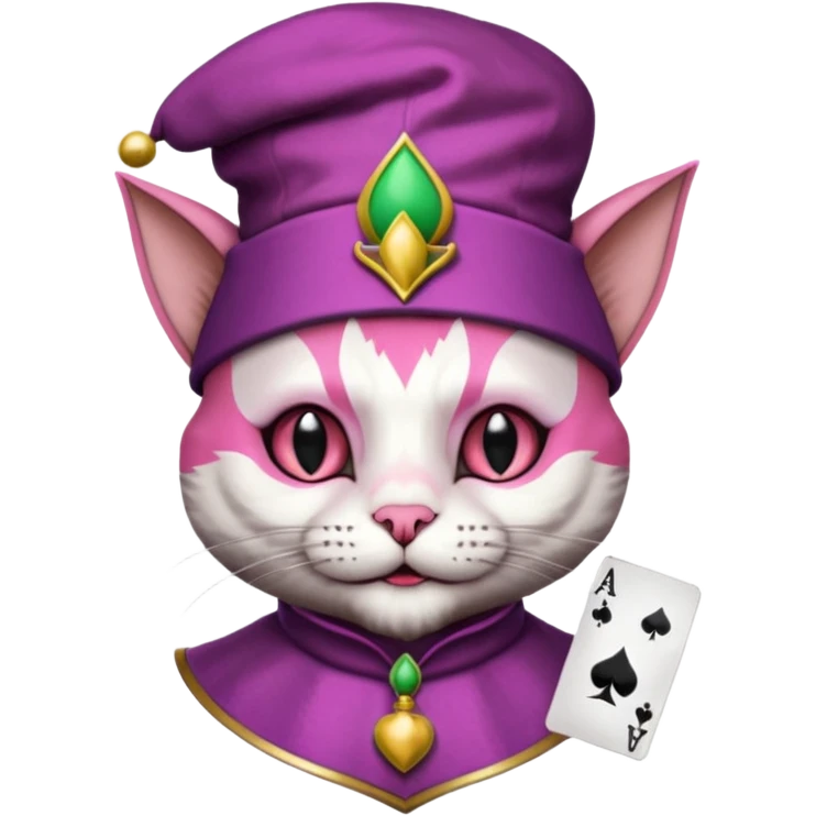 court jester cat medieval, single poker card joker clearly visible, pink, face only, round badge, court jester cap emoji