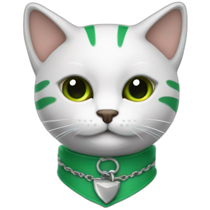 gato rayado color blanco con plomo usando un collar verde emoji