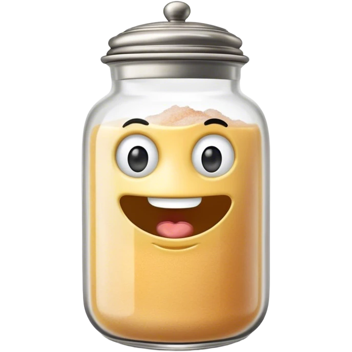 A mischievous anthropomorphic salt jar with transparent glass body and metal lid emoji