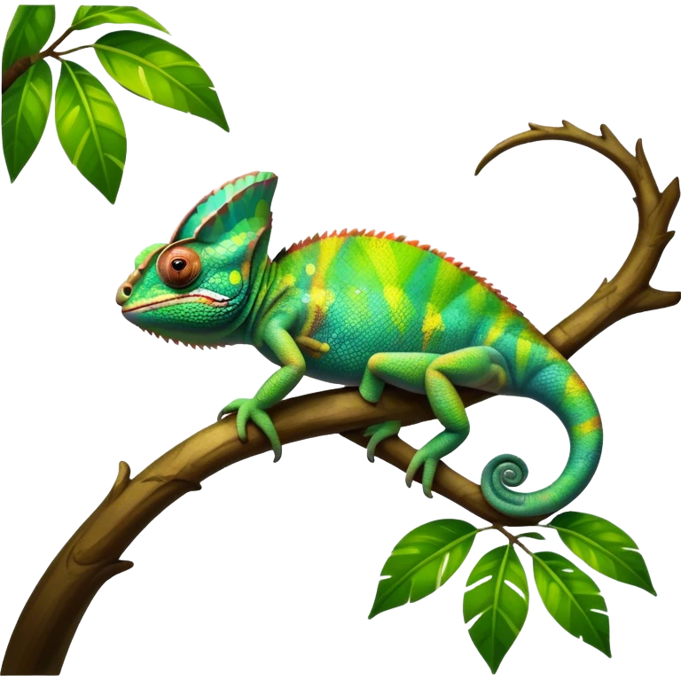 Giant Chameleon blending into natural surroundings, perched on a branch. Its vibrant colors shift with the environment. Lush greenery, branches, and soft sunlight create a peaceful, nature-filled background. Transparent background, showcasing the chameleon's colorful, textured skin. emoji