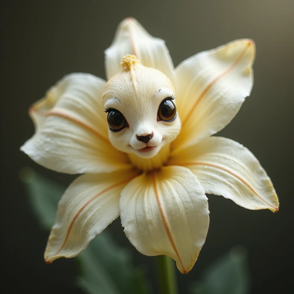 realistic vanilla flower with expressive doe eyes, subtle sparkling effect around the flower, transparent background emoji