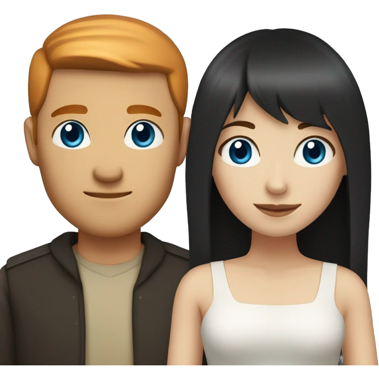 a married couple standing beside eachother, one has pale skin and long straight ginger hair with bangs and blue eyes, the other person is a man that is mexican and has straight chin length black hair with brown eyes emoji