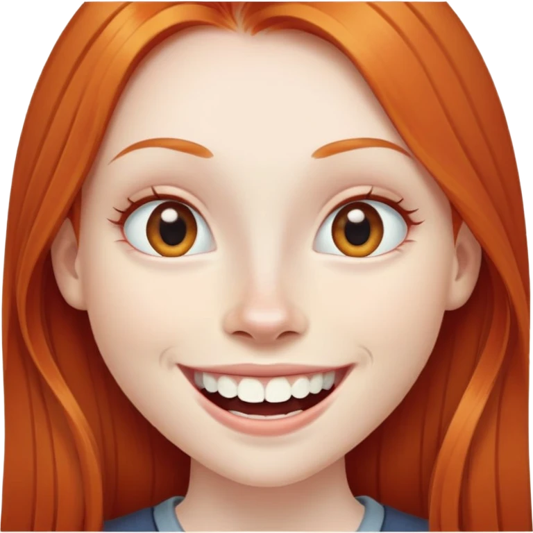 traditional emoji of young girl with very pale skin, long straight bright ginger red hair, regular human eyes (not cat-like), wide nose, big smile with extremely large prominent teeth showing, classic round face emoji