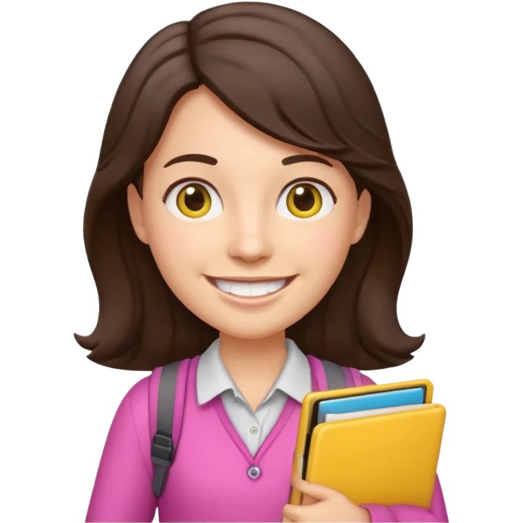 Teacher emoji but : wavy dark brown hair, light western skin, no glasses, dark eyes, with a computer folder in the hand (color is yellow), being a teacher, wearing pink backpack, smile with teeth





 emoji