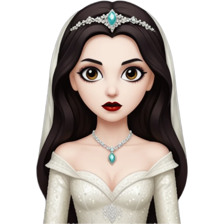 Bride of Dracula with long dark brown hair, ivory sequin outfit emoji