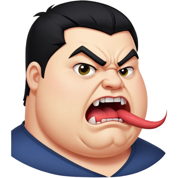 chubby young angry man in profile view with black hair, sharp fangs, crossed eyes, exaggerated long tongue sticking out emoji