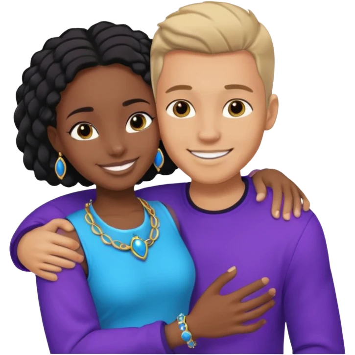 Tan European male wearing blue and smiling and hugging a jet black African girl in purple clothes with blue jewelry emoji