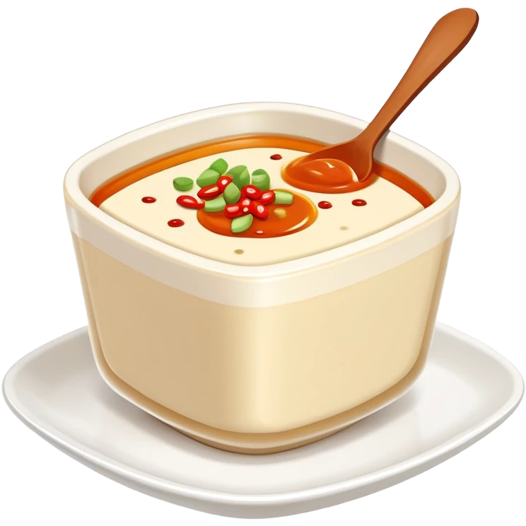 Sichuan Doufu Hua soft tofu pudding with spicy sauce, simplified emoji style with bold outlines and bright colors, cartoon style savory tofu dessert emoji