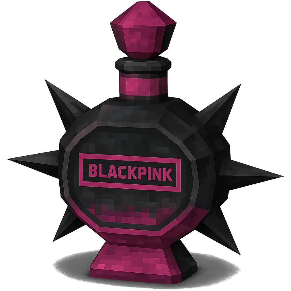 BLACKPINK-inspired gothic perfume bottle, spiked and bold, black and pink, no hearts, low poly 3D style emoji