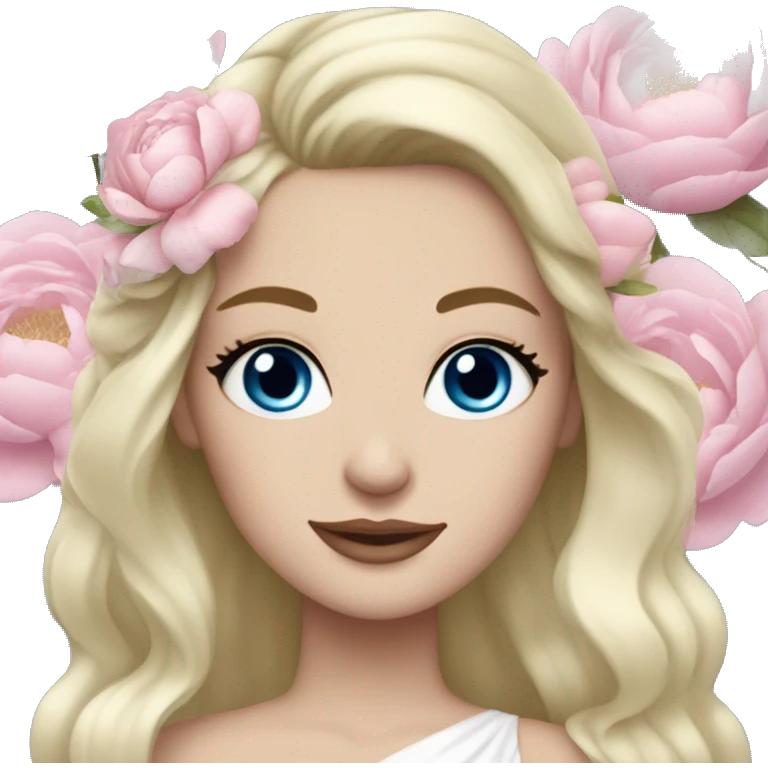 White bride with long light blonde hair and blue eyes with light pink peonies in hair white skin  emoji