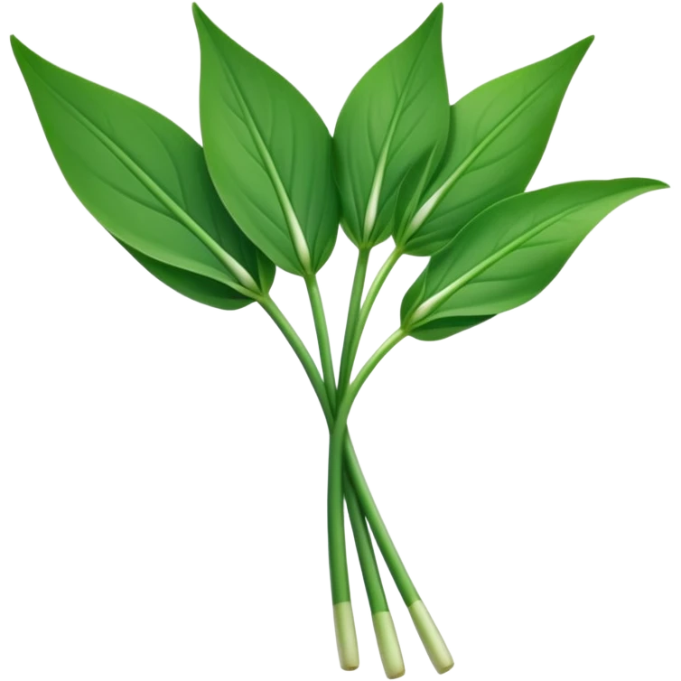single sprig or small cluster of wild garlic leaves with smooth elongated lance-shaped blades, rich vibrant green color, soft central veins, fresh slightly glossy surface, gently arching from slender stems, no roots or soil, apple emoji style, soft lighting, subtle shadows, emoji scale emoji
