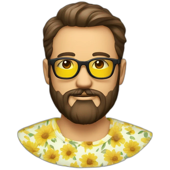 Homme brun lunettes et barbe avec une chemise jaune a fleurs emoji