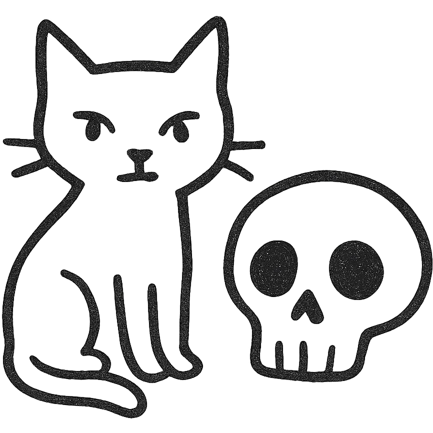 sketched black cat beside a skull, simple hand-drawn line art emoji