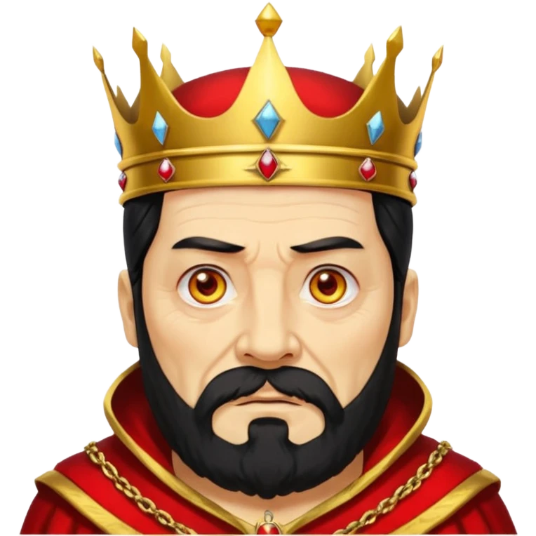 


an old king with yellow skin, red eyes, 60 years old, black hair, black beard, wearing a crown, red robe, fierce face, baron/lord vibe
 emoji