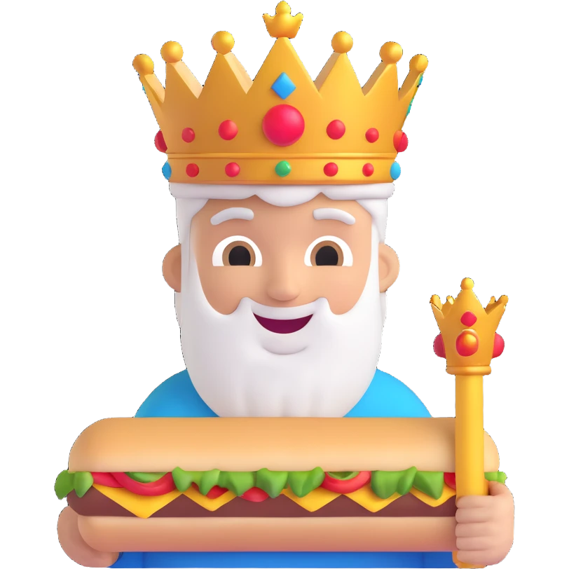 emoji-style half-body character with a crown, smiling and enjoying a big döner kebab, simple colorful fun classic emoji style emoji