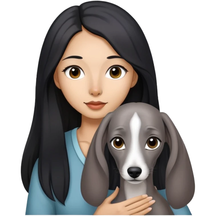 Slim Chinese girl with long black hair holding solid grey Italian greyhound with no white markings on nose emoji