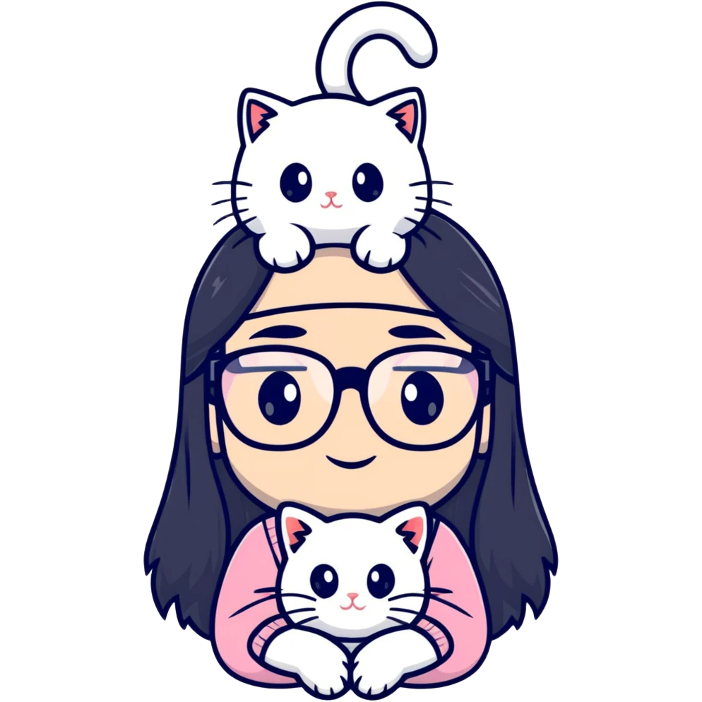 Girl with long black hair and glasses holding a white kitten emoji