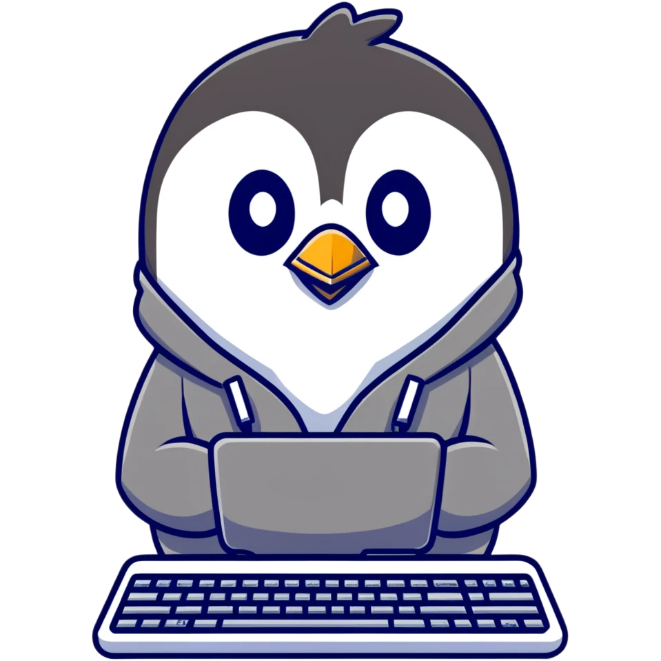 A cool penguin wearing a hoodie with sunglasses perched on head, typing with one flipper on a sleek keyboard emoji