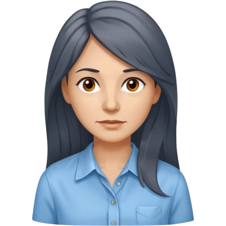 vit 50-årig kvinna med grå slingor i jättelångt mörkbrunt hår bruna ögon ljusblå skjorta med översta knappen uppknäppt emoji