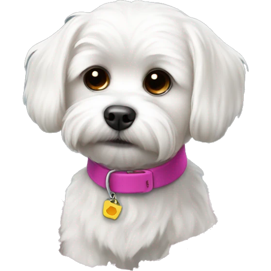 Adorable white Maltese wearing pink collar digging through trash emoji