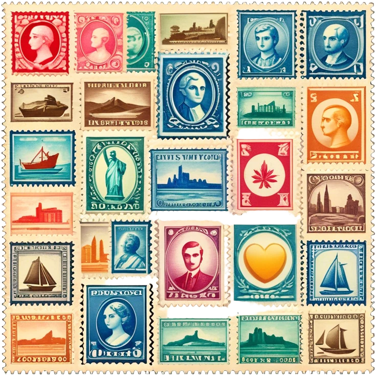Icon for Stamp Collecting: a collection of vintage and colorful stamps arranged in an album or on a desk, with a large stamp block in the center showcasing different themes. The icon should reflect the charm and history of philately. Transparent background. emoji