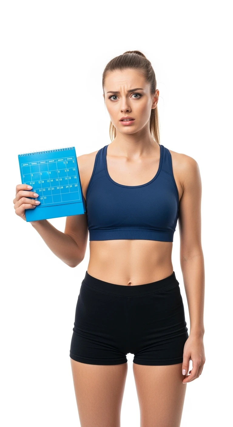 DONNA FITNESS CHE CON CALENDARIO IN MANO, ESPRESSIONE PREOCCUPATA, ISOLATA SU SFONDO BIANCO emoji