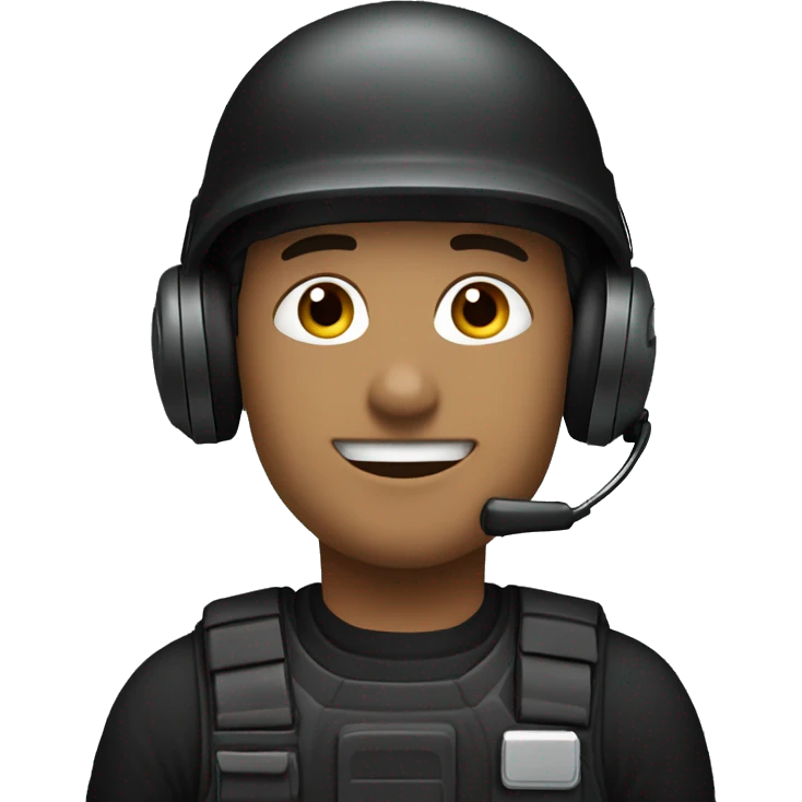operator dressed in black with a milatary helmet, without glasses, wearing a headset, ready to respond to alerts, preferably male emoji