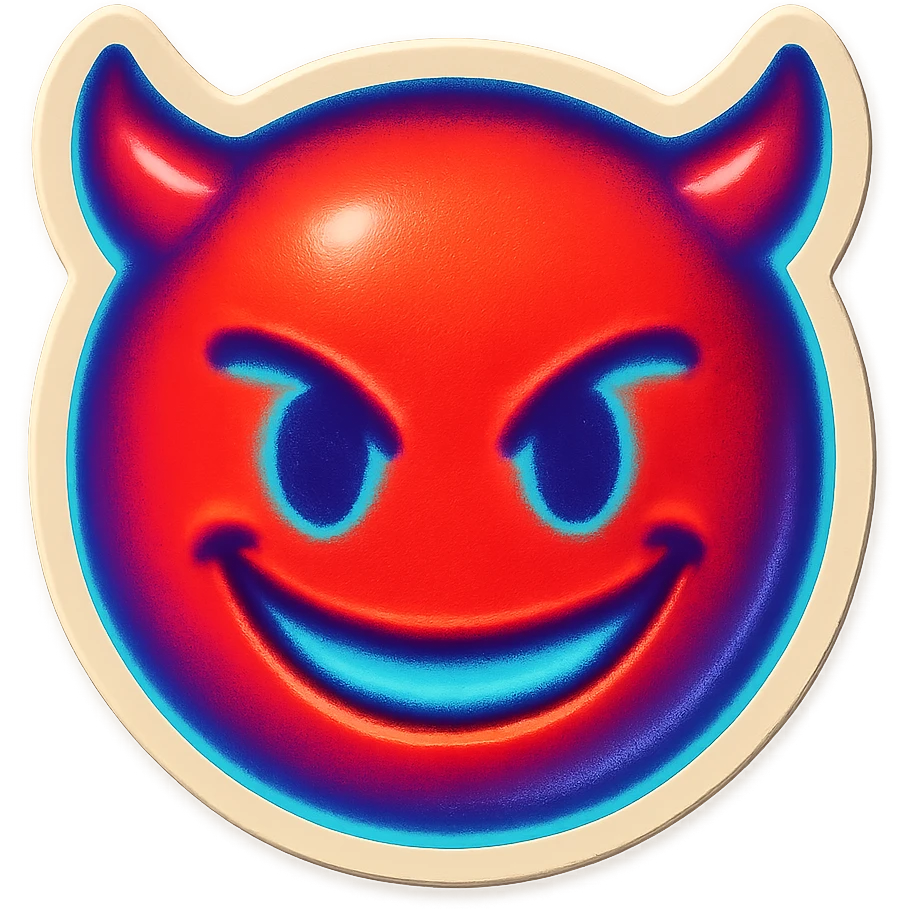 devil emoji, neon palette, bright red and electric blue colors, small horns, mischievous grin, glowing effect, vibrant neon style emoji