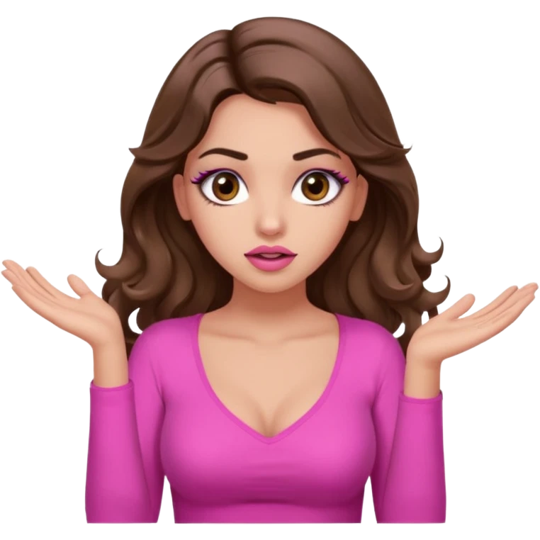 girl with long wavy brown hair, brown eyes, long lashes makeup, sexy pink lips, light to medium complexion, pink sexy top, shrugging with both hands, confused emoji