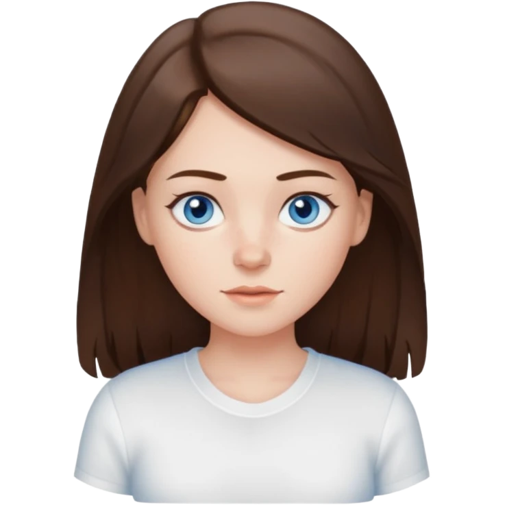 Create an emoji of a white Girl with brunette hair blue eyes faint freckles and hair to her chest wearing a white shirt emoji
