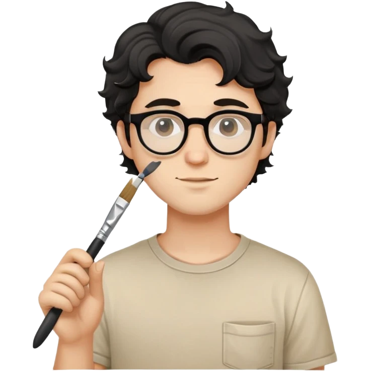Young caucasian man with black wavy hair, round glasses, beige painting shirt, holding a square paintbrush emoji