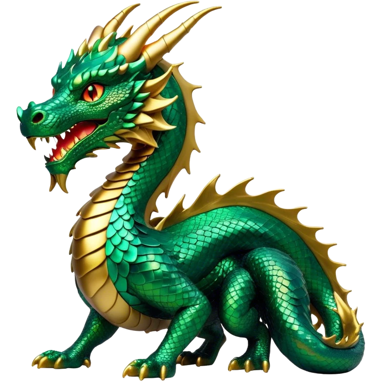 Cinematic Noble Dragon Portrait Emoji, Poised and majestic, with a sinuous, elongated body covered in intricately detailed, shimmering scales in hues of emerald and gold, and piercing, fiery eyes that reflect ancient wisdom; rendered with lifelike texture and natural highlights, high shine, intelligent and formidable, styled with an aura of mythic power, focused and attentive, soft glowing outline, capturing the essence of a legendary dragon that appears ready to soar out of the screen with timeless authority! emoji