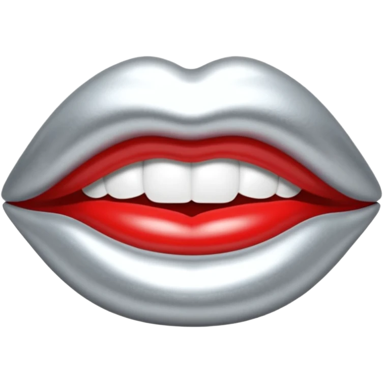 Chrome silver lips emoji, glossy metallic texture, iOS emoji style, smooth reflections, bold but minimal design, centered, silver mouth. all silver emoji