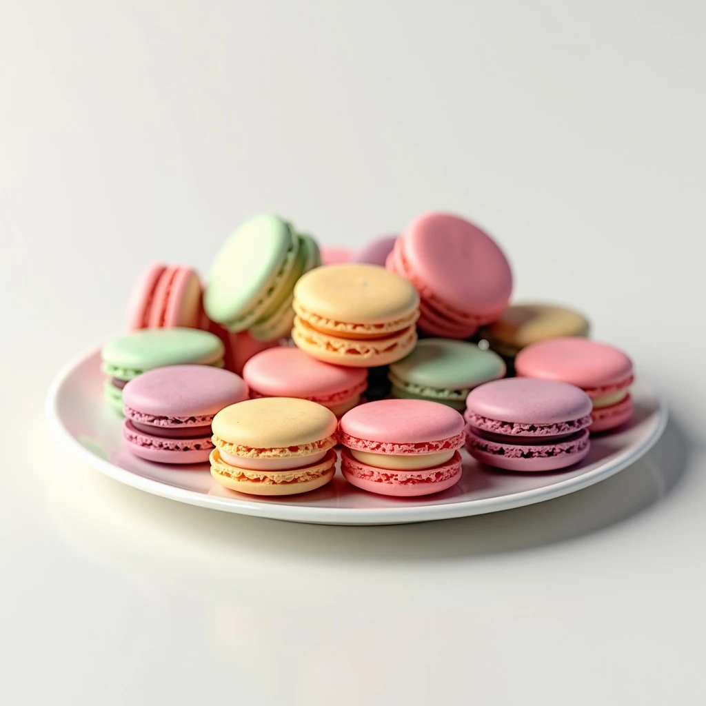 3D model of colorful macarons arranged on a plate, smooth realistic textures, vibrant pastel colors, iOS 18 Flux Dev style, matching the reference image emoji