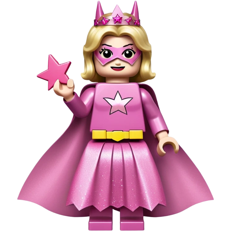 Lego Batman dressed as a princes. He hag his Batman suit underneath but on top he has pink sparkly skirt and top and a wound with star in the hand, which is also pink. On head he has his mask no emoji