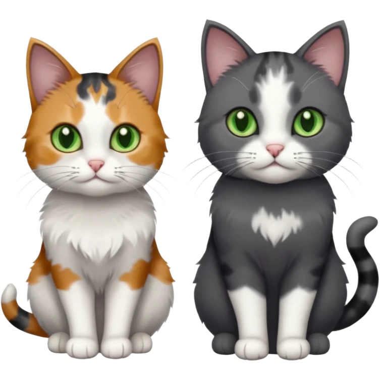 3 different coloured small cats including a dark grey and white, and a patchy calico with hazel eyes  and a completely solid dark grey with green eyes and only white paws emoji